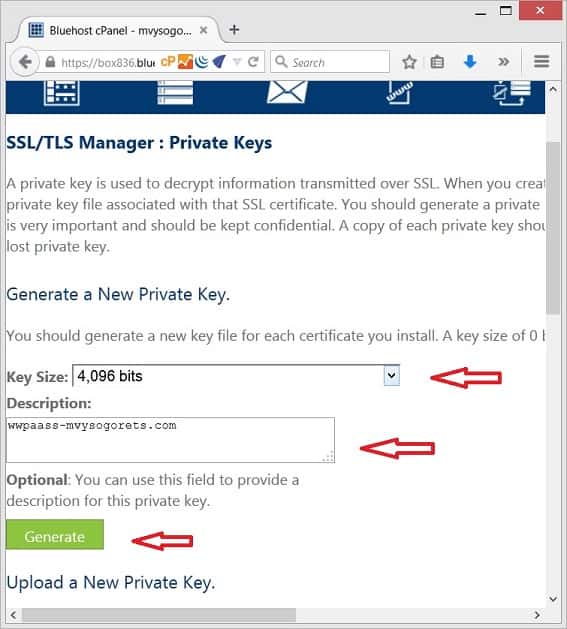 cPanel / Set key length and description