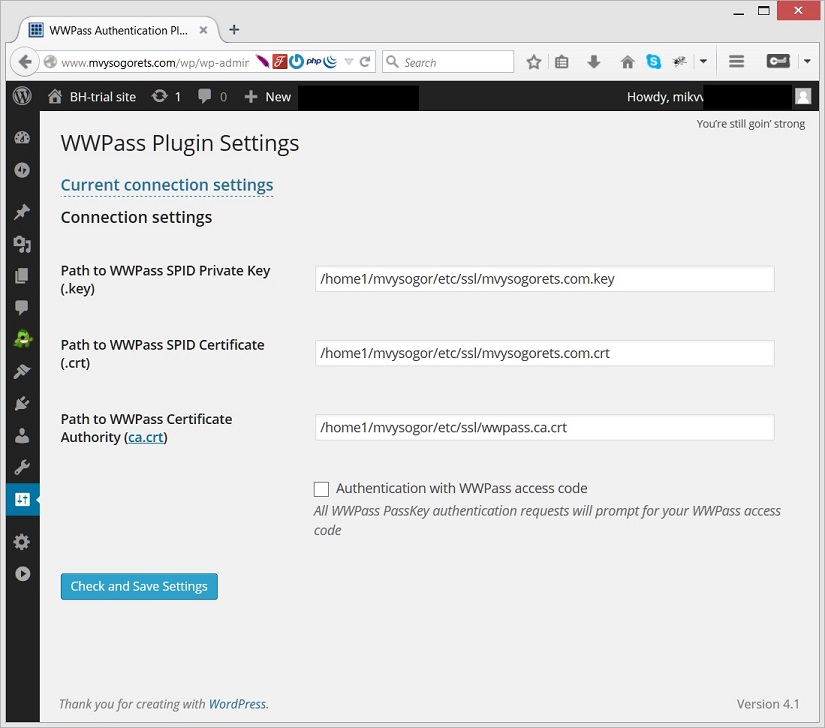 cPanel / setup page for Wordpress WWPass plugin
