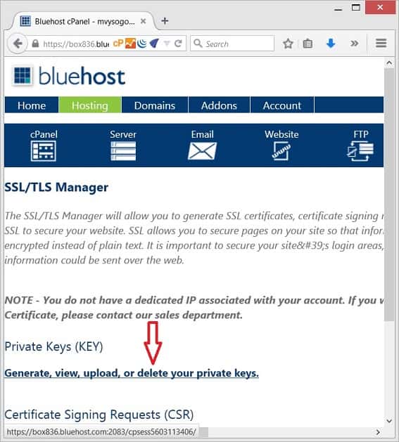 cPanel / Private key section