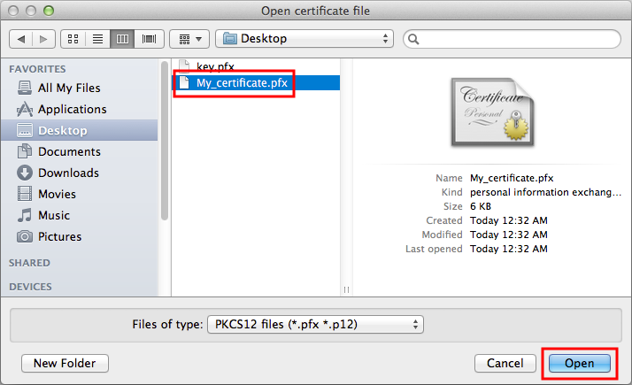 Open Certificate File dialog on Mac