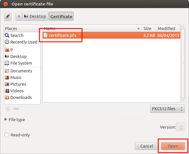 Open Certificate File dialog on Linux